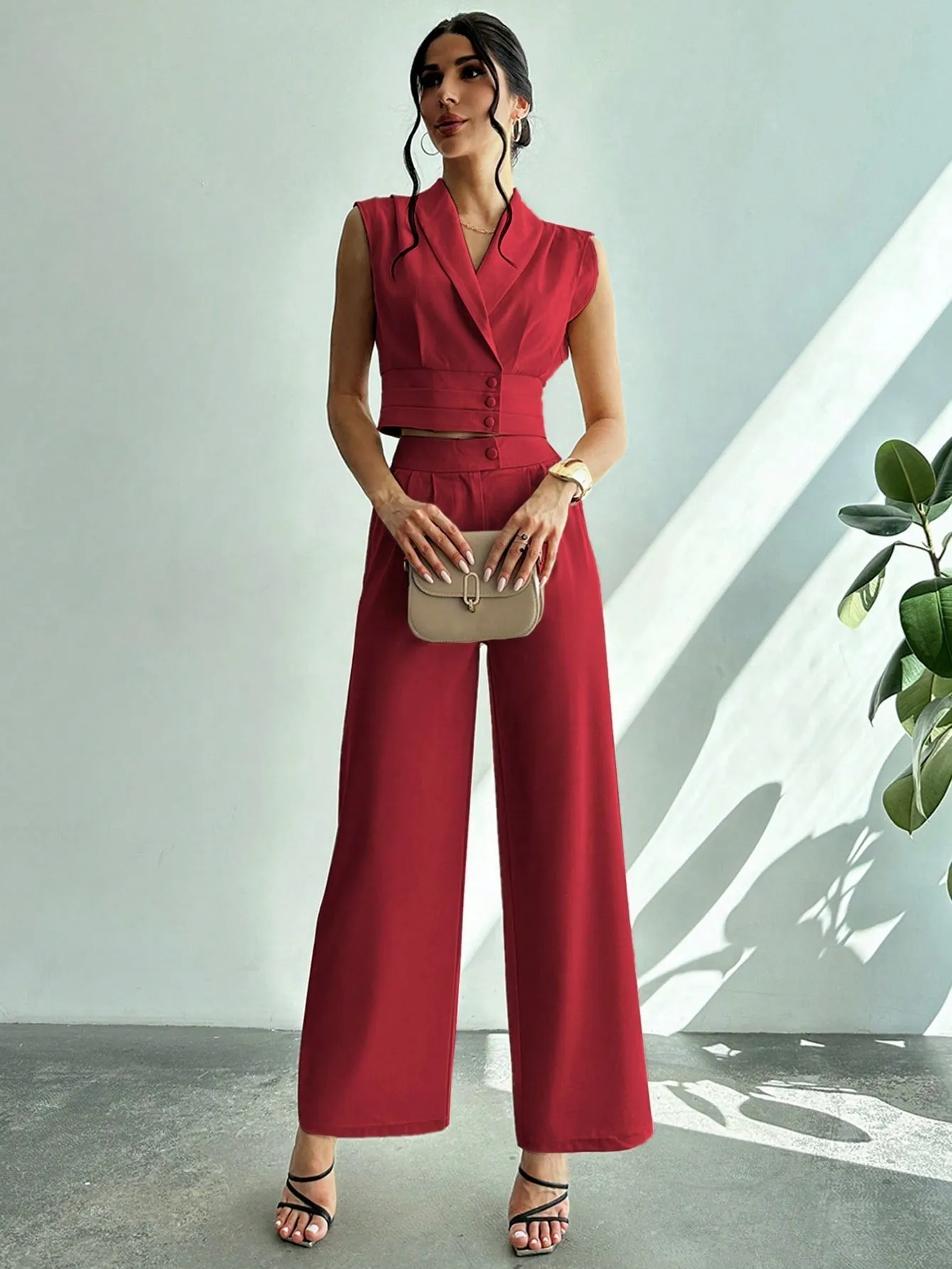 Women Commuter Elegant Collared Blouse   Straight-Leg Pants