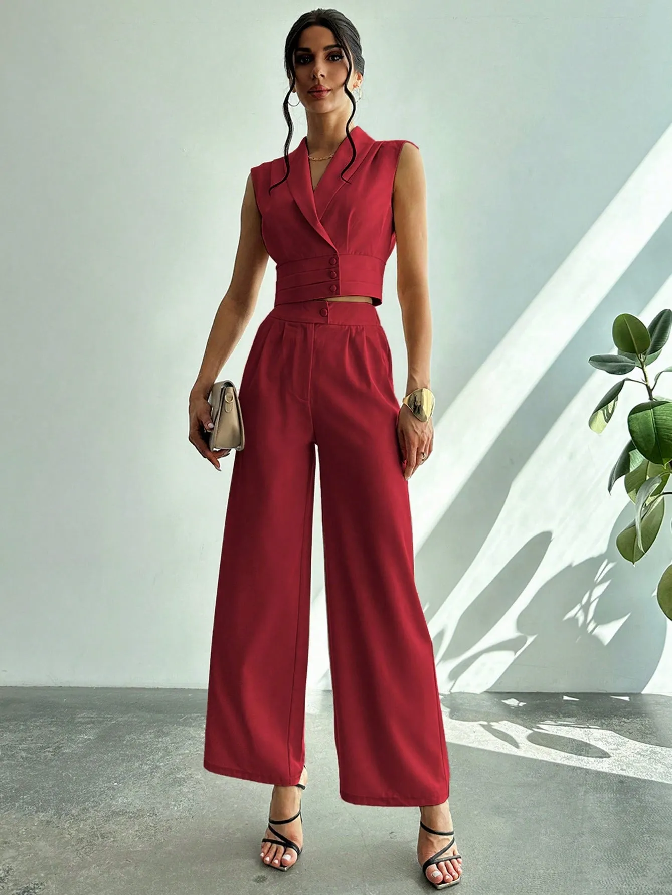 Women Commuter Elegant Collared Blouse   Straight-Leg Pants