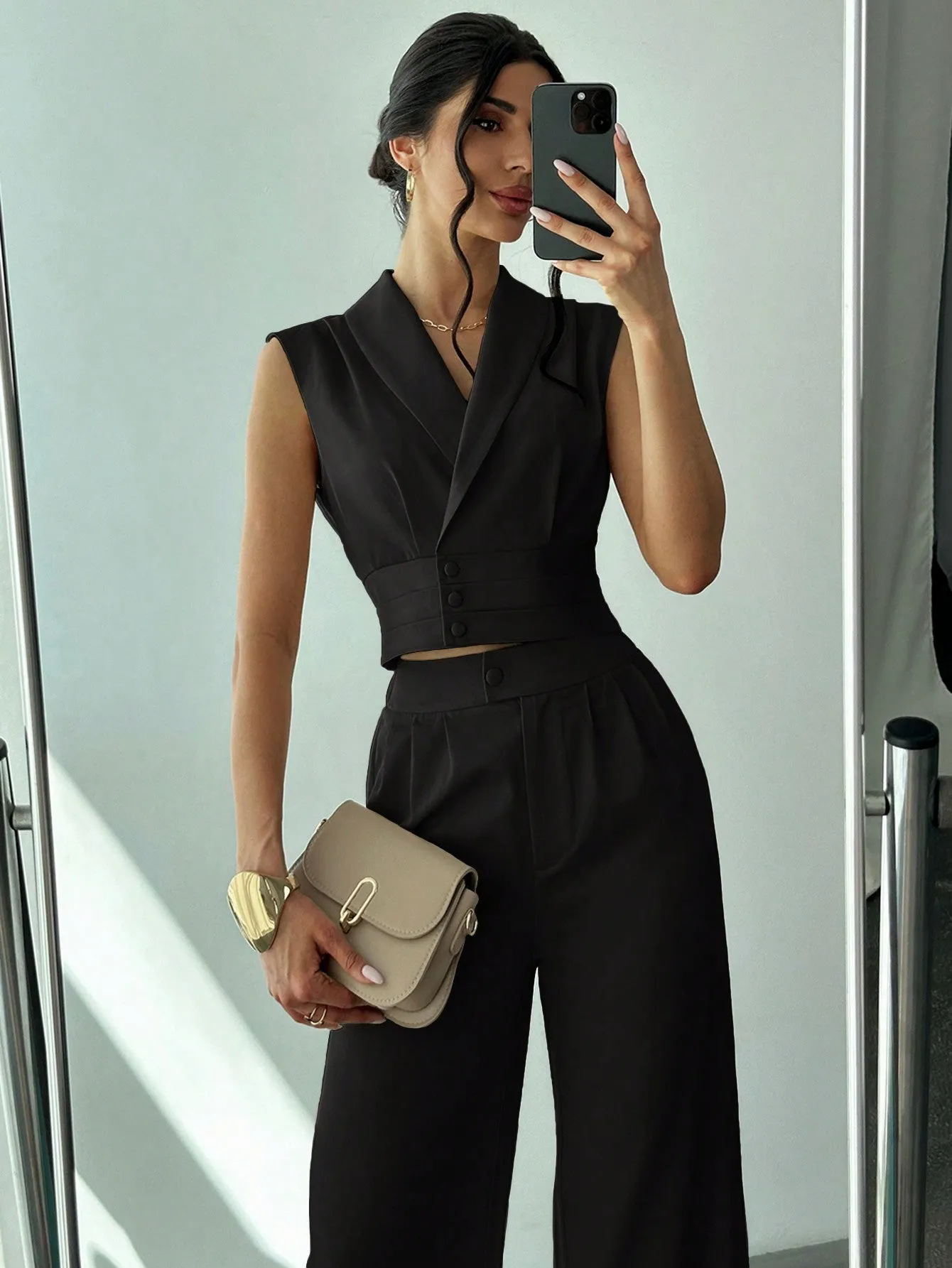 Women Commuter Elegant Collared Blouse   Straight-Leg Pants
