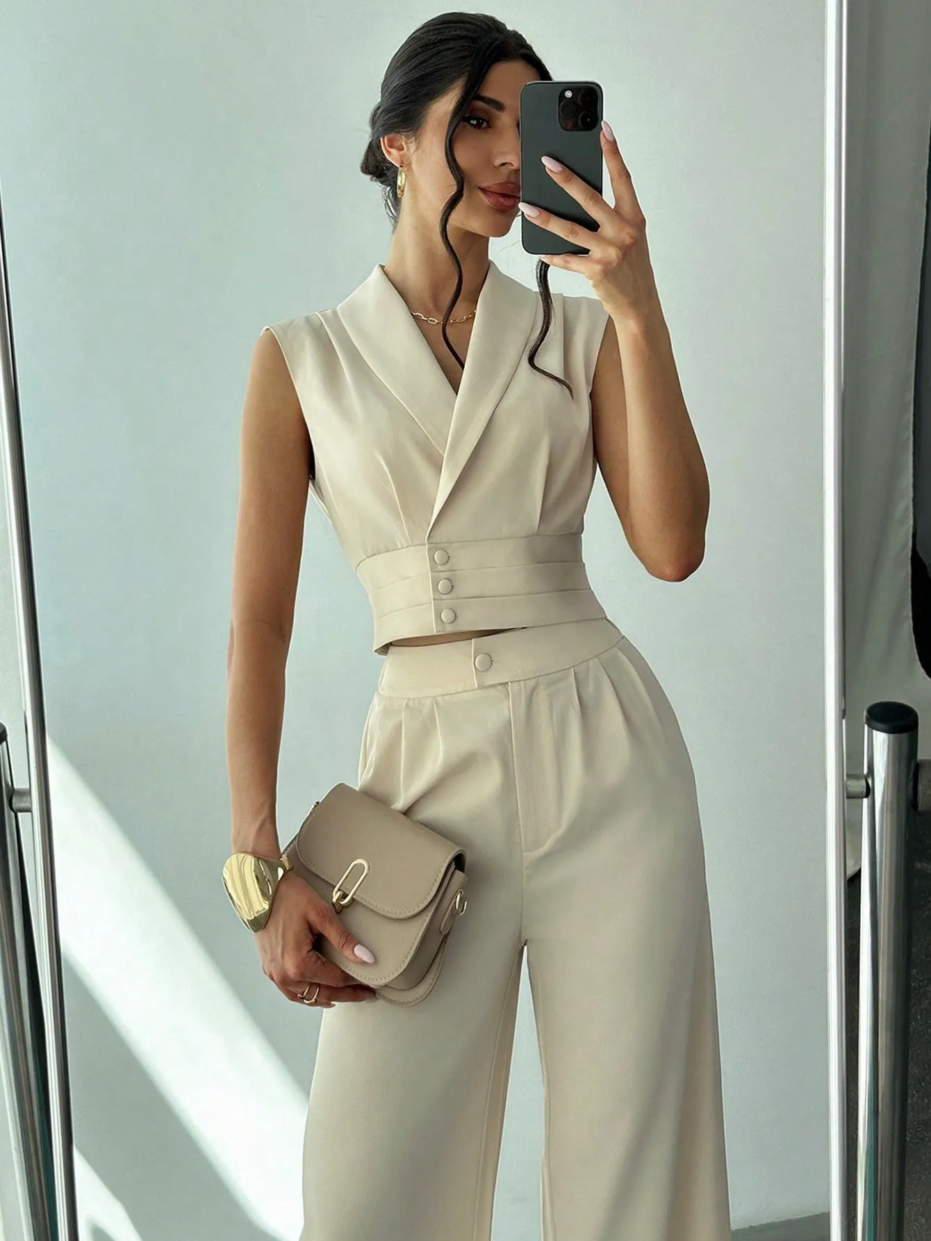 Women Commuter Elegant Collared Blouse   Straight-Leg Pants