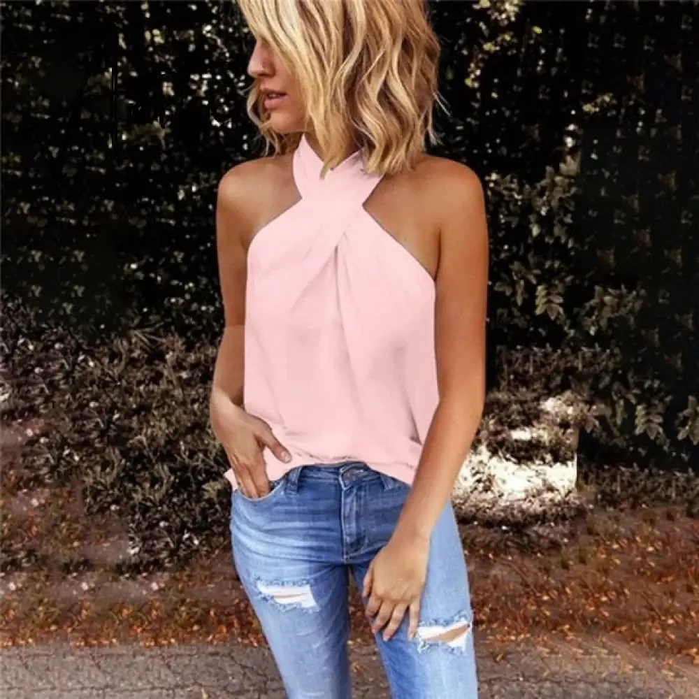 Women Summer Off Shoulder Halter Blouse Shirts Sexy Backless Solid Color Tops Ladies Elegant Short Sleeve Shirt Blusas 2XL