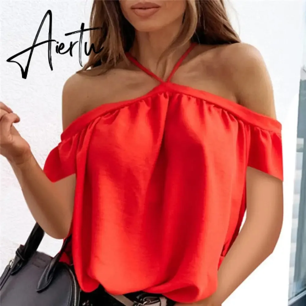 Women Summer Off Shoulder Halter Blouse Shirts Sexy Backless Solid Color Tops Ladies Elegant Short Sleeve Shirt Blusas 2XL