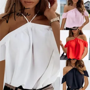 Women Summer Off Shoulder Halter Blouse Shirts Sexy Backless Solid Color Tops Ladies Elegant Short Sleeve Shirt Blusas 2XL