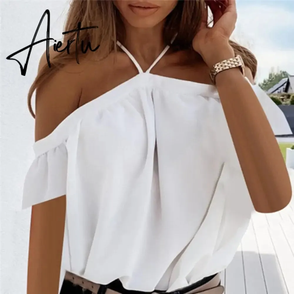 Women Summer Off Shoulder Halter Blouse Shirts Sexy Backless Solid Color Tops Ladies Elegant Short Sleeve Shirt Blusas 2XL