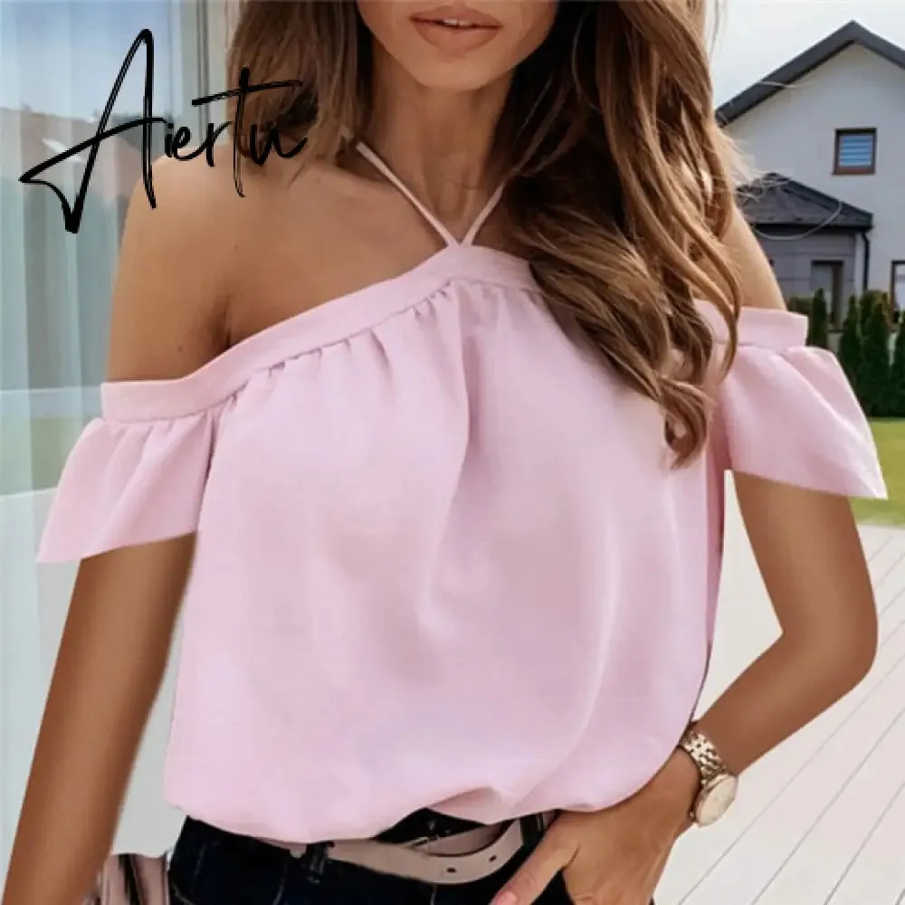 Women Summer Off Shoulder Halter Blouse Shirts Sexy Backless Solid Color Tops Ladies Elegant Short Sleeve Shirt Blusas 2XL