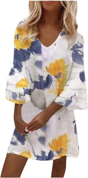 Womens 3/4 Bell Sleeve V Neck Elegant Mini Dress Floral Printed Beachwear Temperament Casual Resort Dress