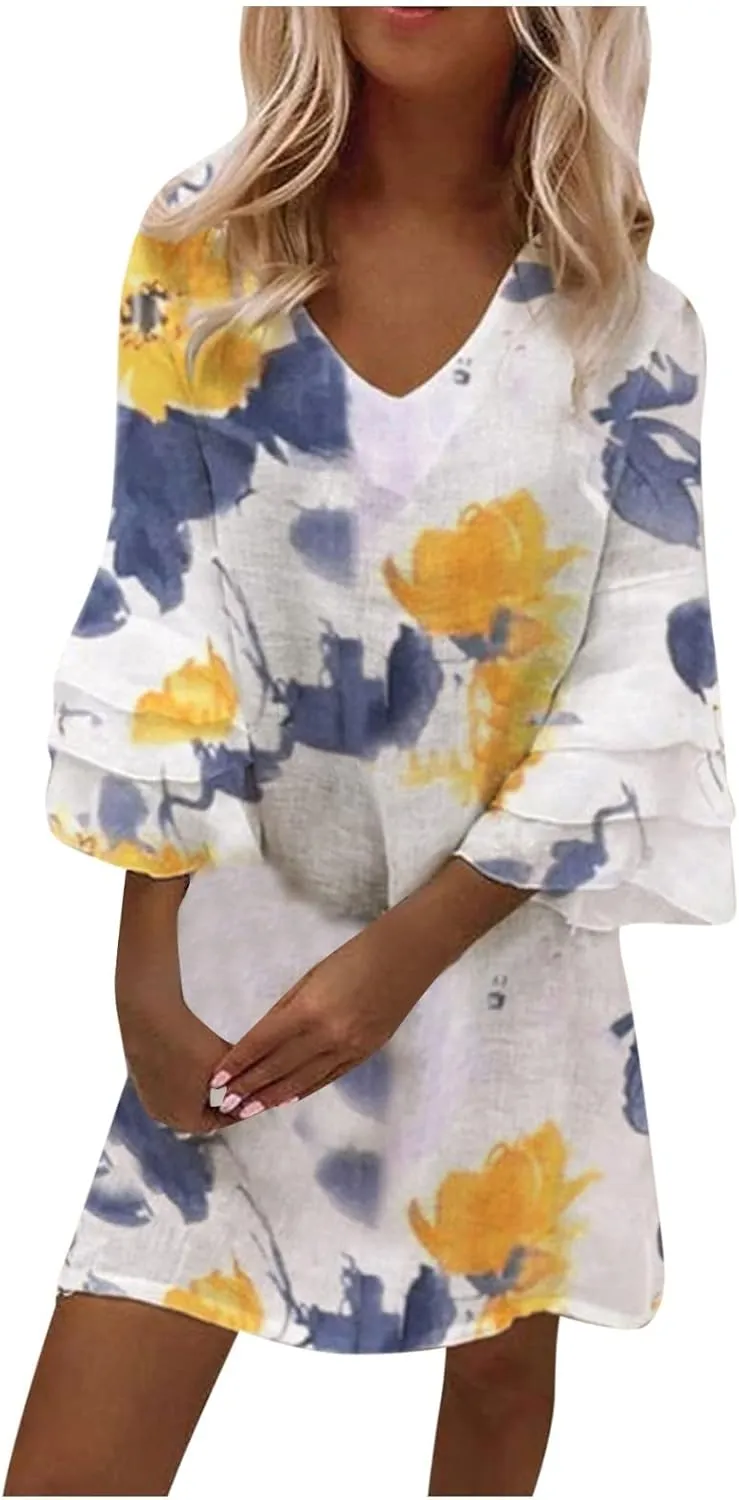 Womens 3/4 Bell Sleeve V Neck Elegant Mini Dress Floral Printed Beachwear Temperament Casual Resort Dress