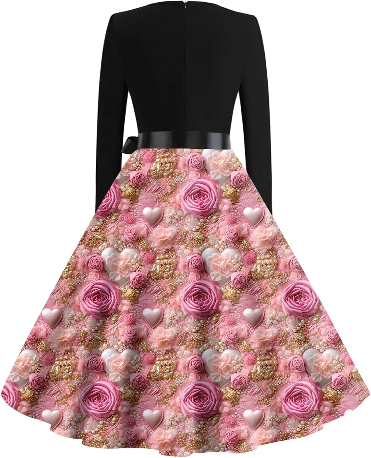 Women's Fashion Round Neck Casual Slim Valentine's Day Printed Long Sleeve Dresses Fashion