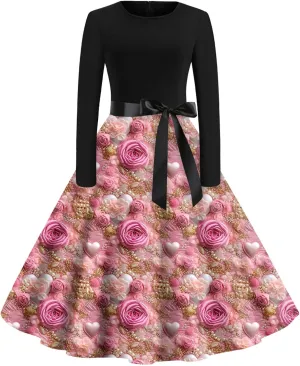 Women's Fashion Round Neck Casual Slim Valentine's Day Printed Long Sleeve Dresses Fashion