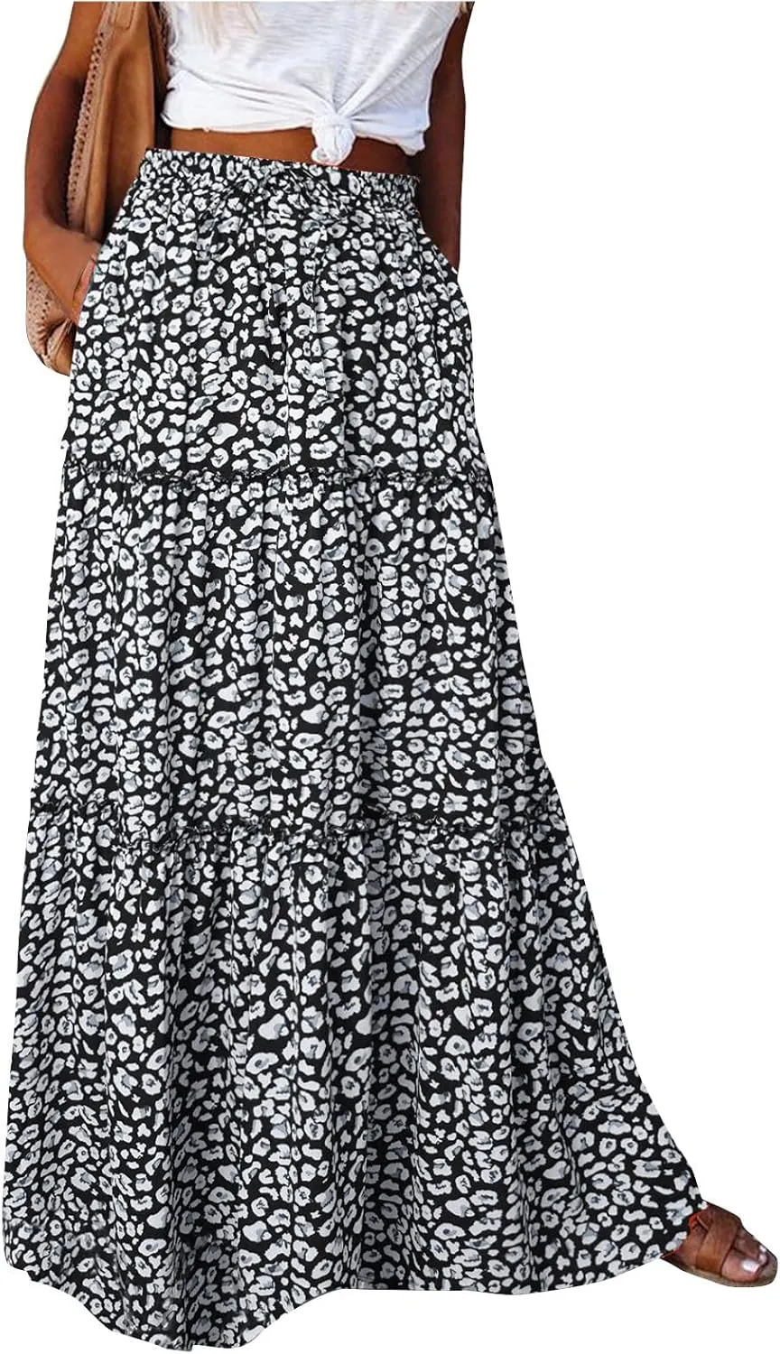 Womens Floral Print Boho Maxi Skirt Casual Elastic High Waist Pleated Ruffle Flowy Beach Long Maxi Skirts with Pockets