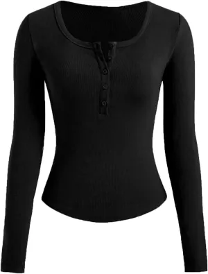 Women's Knit Ribbed Trendy Tops Quarter Button Long Sleeve Cropped Sweater Pullover Slim Sexy Workout Shirts