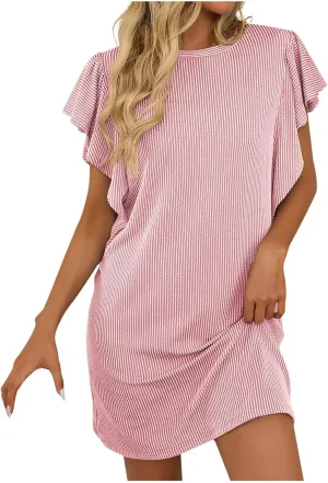 Womens Summer Dresses Casual Ruffle Sleeve Striped Printed Mini Dress 2025 Fashion Crew Neck Loose Fit Dresses