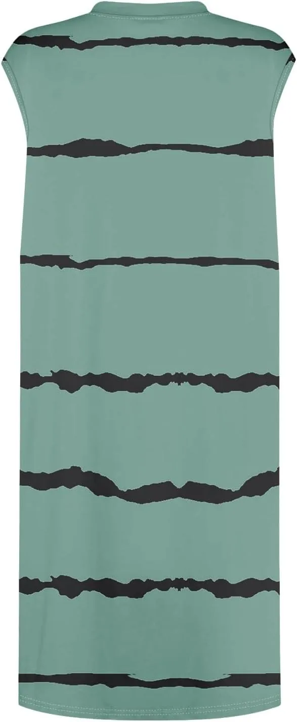 Women's Vacation Sleeveless Mini Dresses Printed Crew Neck Beach Sundress 2025 Summer Casual Loose Pockets Dress