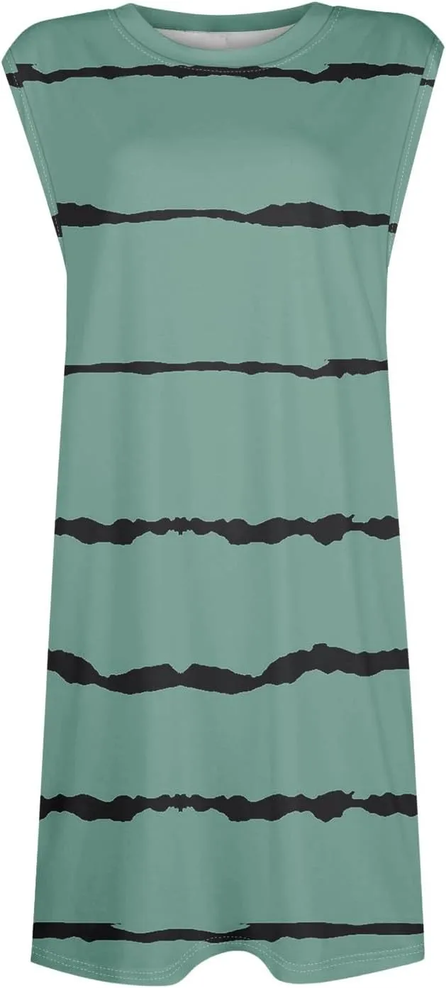 Women's Vacation Sleeveless Mini Dresses Printed Crew Neck Beach Sundress 2025 Summer Casual Loose Pockets Dress