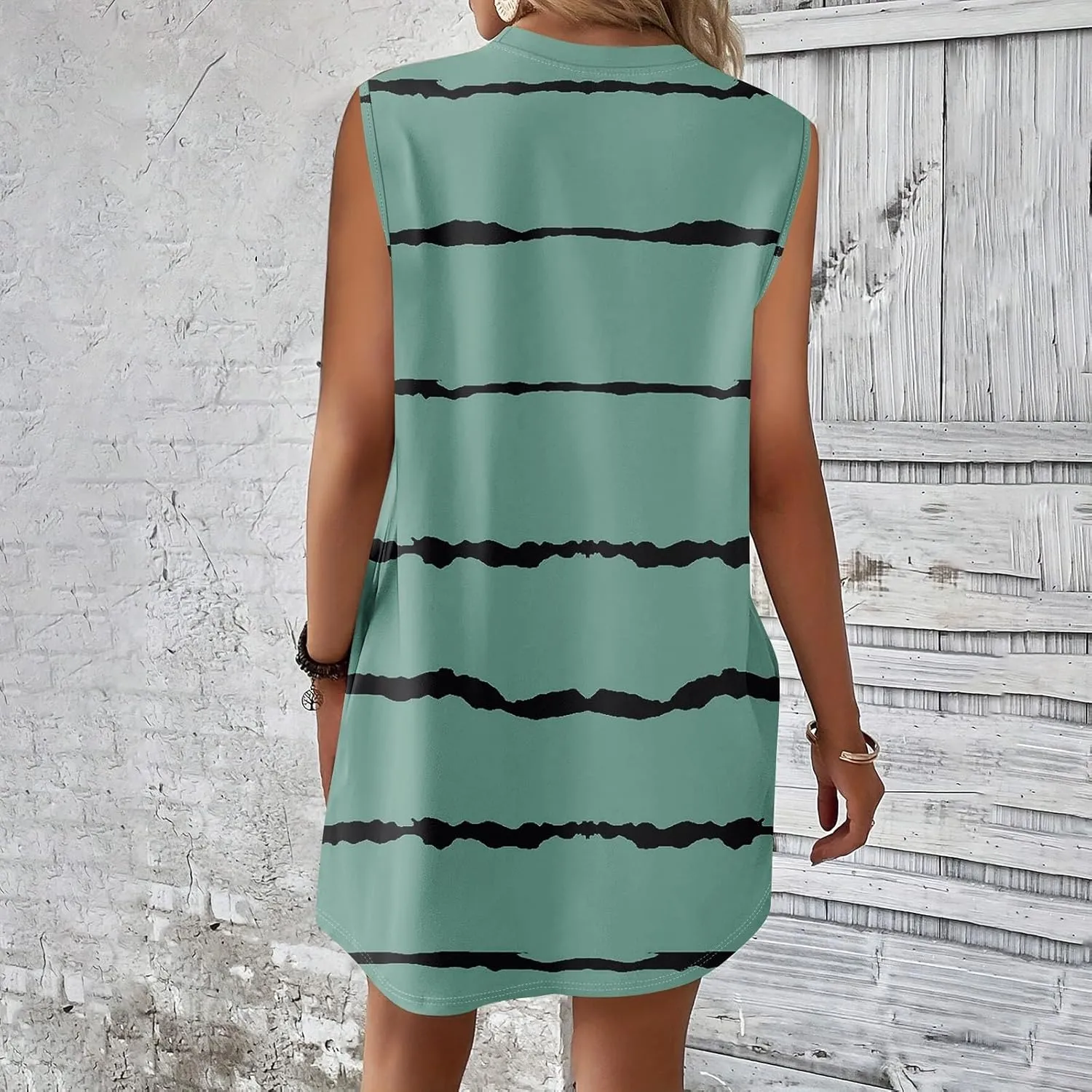 Women's Vacation Sleeveless Mini Dresses Printed Crew Neck Beach Sundress 2025 Summer Casual Loose Pockets Dress