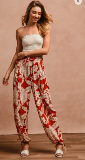 Woven Printed balloon pants with drawstring-Rust