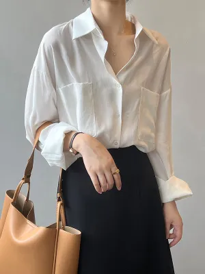 xakxx Vintage Long Sleeves Loose Solid Color Lapel Collar Blouses