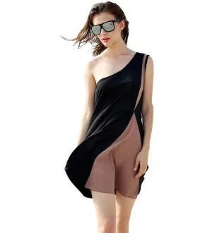Zeagoo Women Chiffon One Shoulder Sleeveless High Waist Contrast Color Short Dress